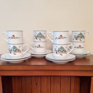 Ming Poa Woodland Christmas cups and saucers set of 8